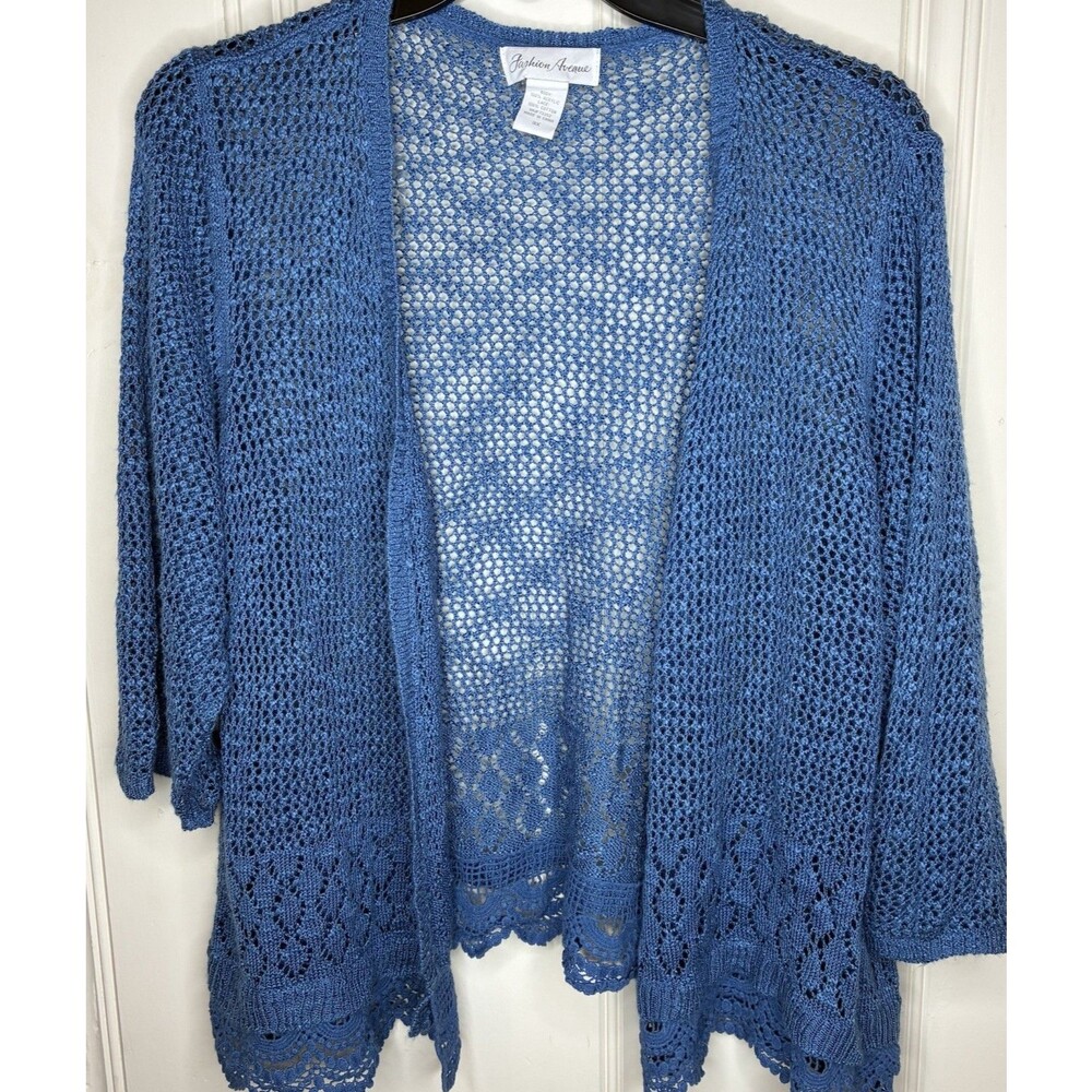 Blue Crochet Open Front Cardigan Size 3X Indie Boho 3/4 Sleeve Soft Knit Grandma